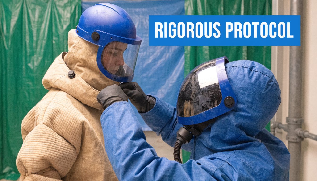 A person in a protective blue hazmat suit helps another worker put on a specialized safety helmet.
