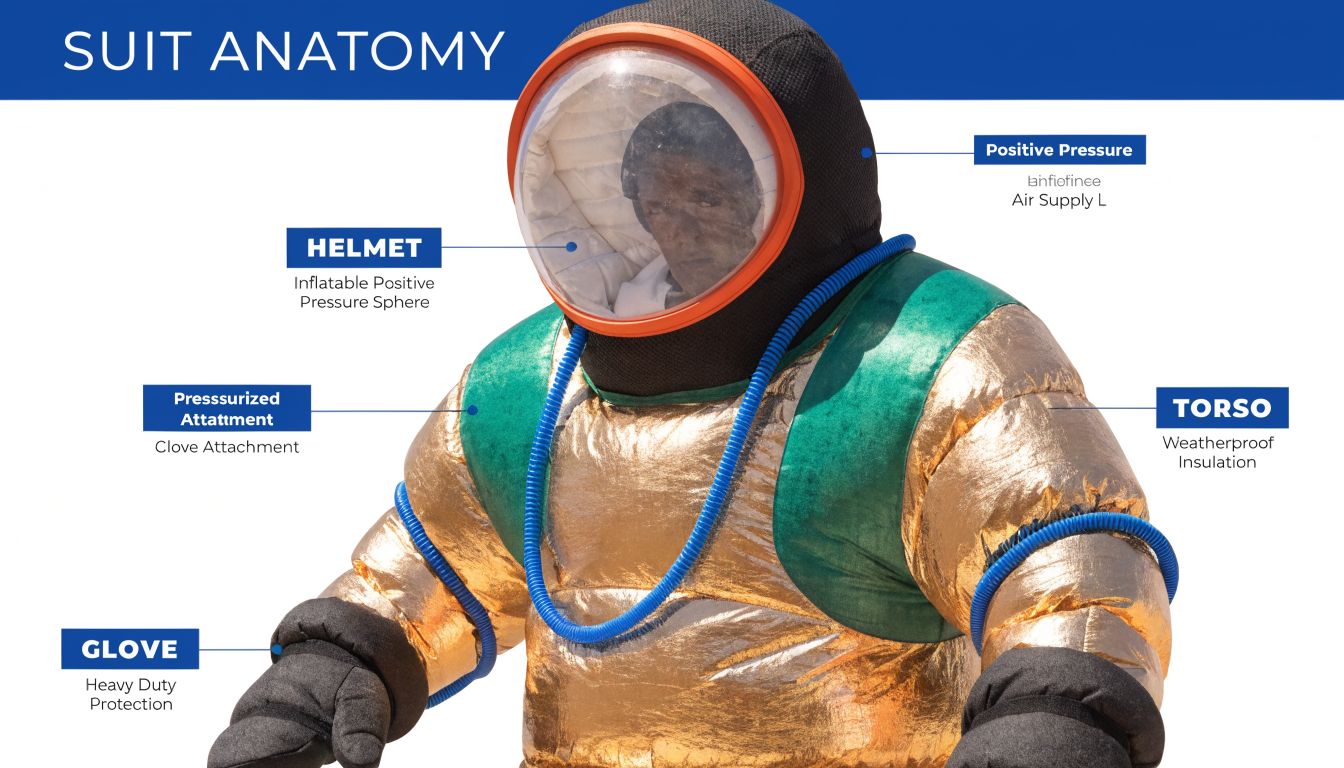 A person wearing a gold and green biohazard level 4 suit with an integrated positive pressure helmet.