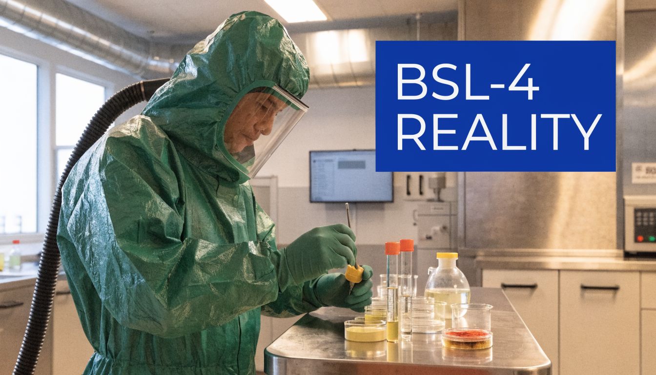 A scientist in a protective green hazmat suit working with laboratory equipment in a high-security lab.
