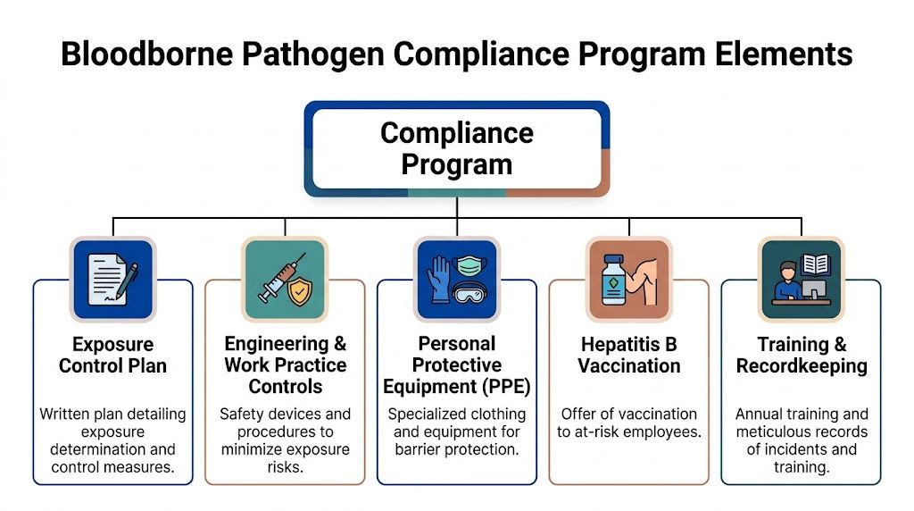A flowchart infographic outlining the five essential compliance program elements for handling bloodborne pathogens in workplaces.