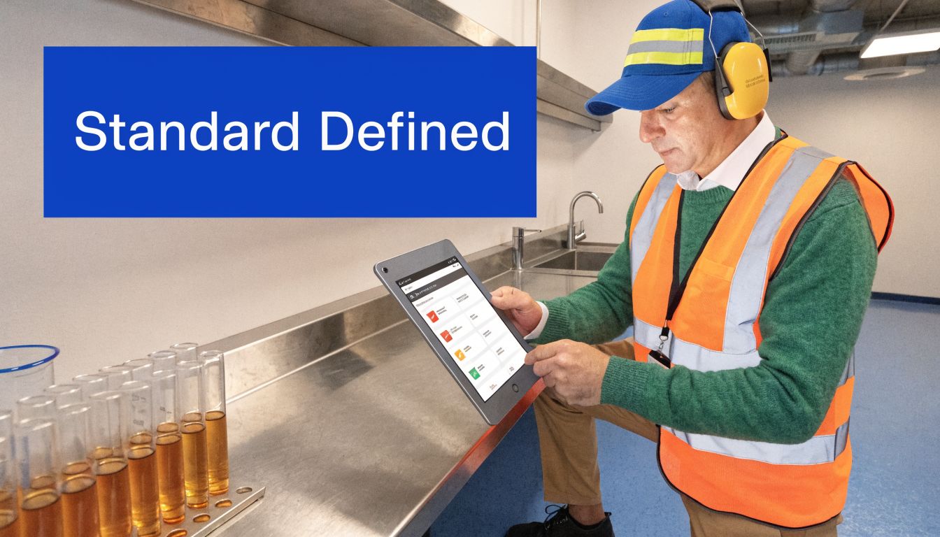 A professional technician using a digital tablet for compliance monitoring in a clinical laboratory setting.