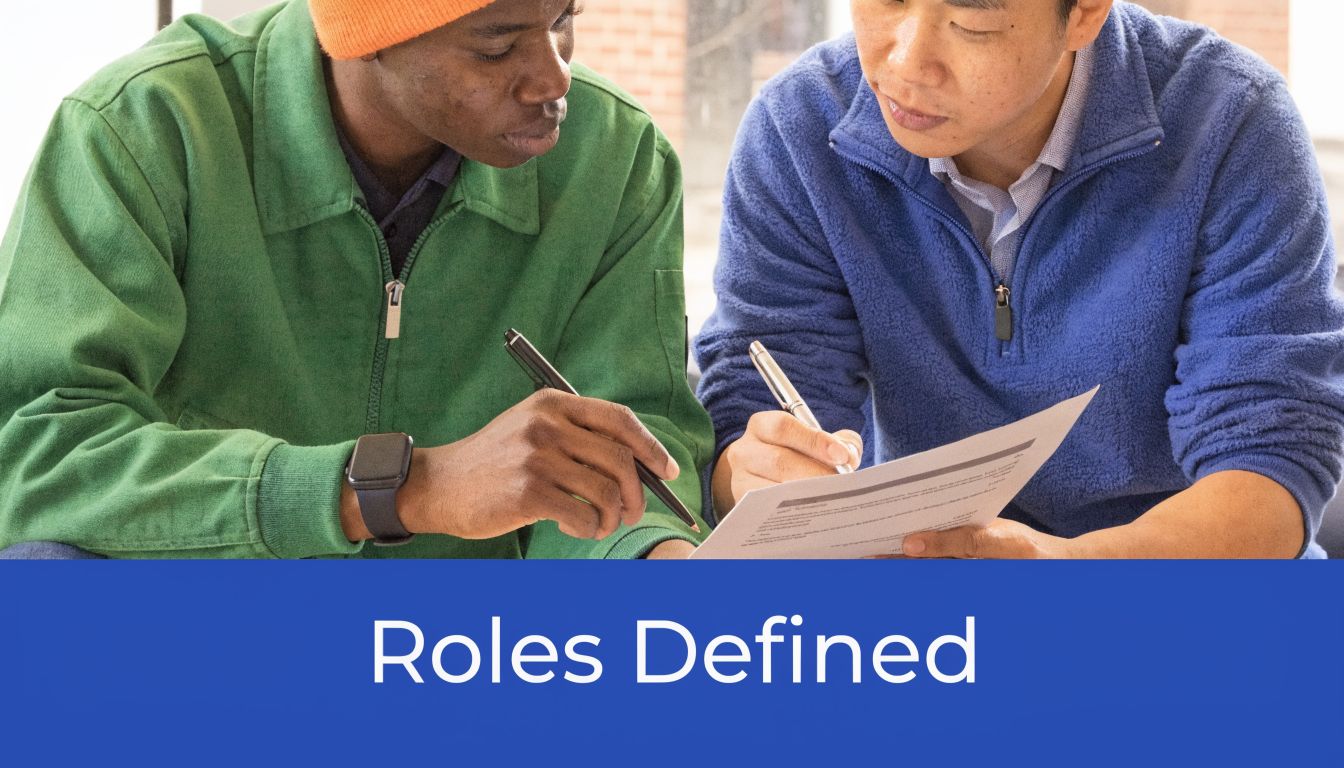 Two professional men collaborate while reviewing and filling out a document at a workspace together.