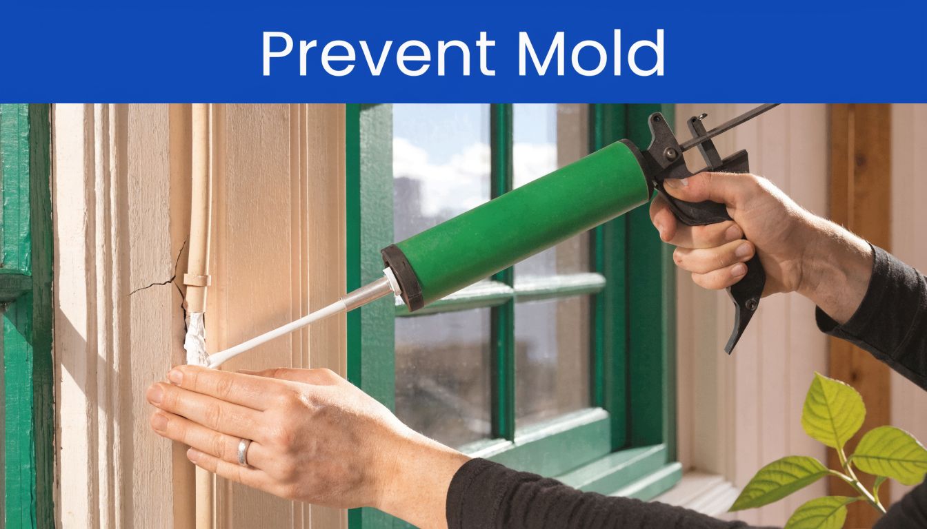 A person using a caulk gun to apply sealant to a window frame to prevent mold growth.