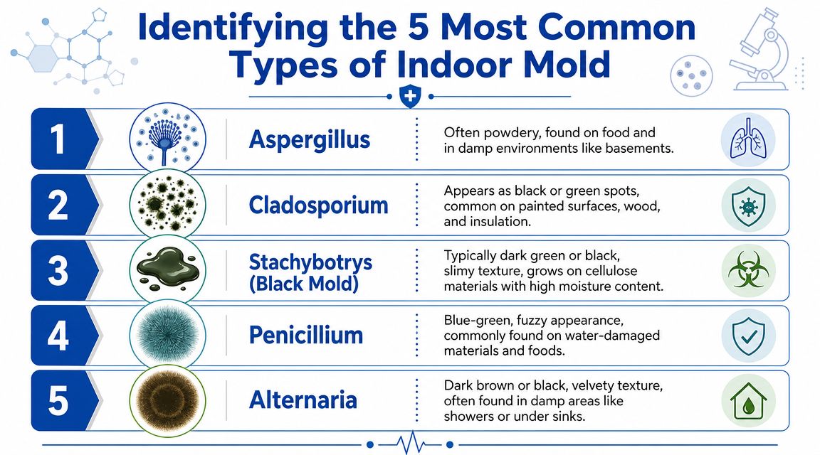 An infographic showing the five most common types of indoor mold found in homes.