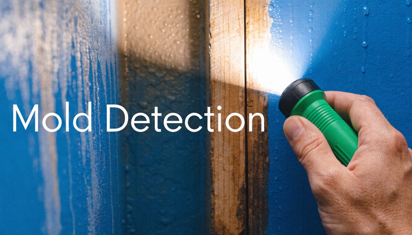 A close-up view of a person using a green flashlight to inspect a damp, moldy wooden surface.