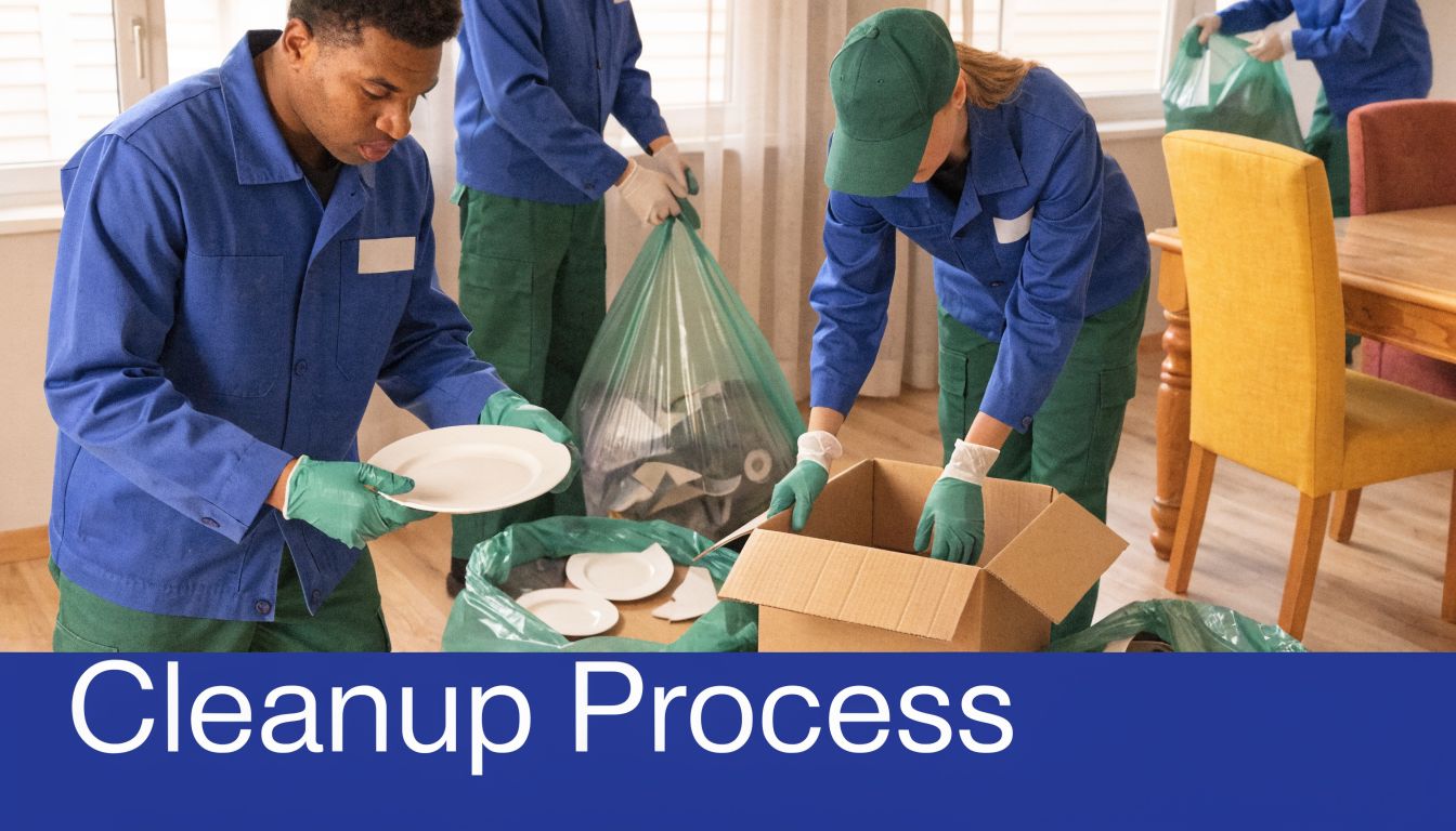 A professional cleanup crew wearing uniforms and gloves sorting through items and packing them into boxes.