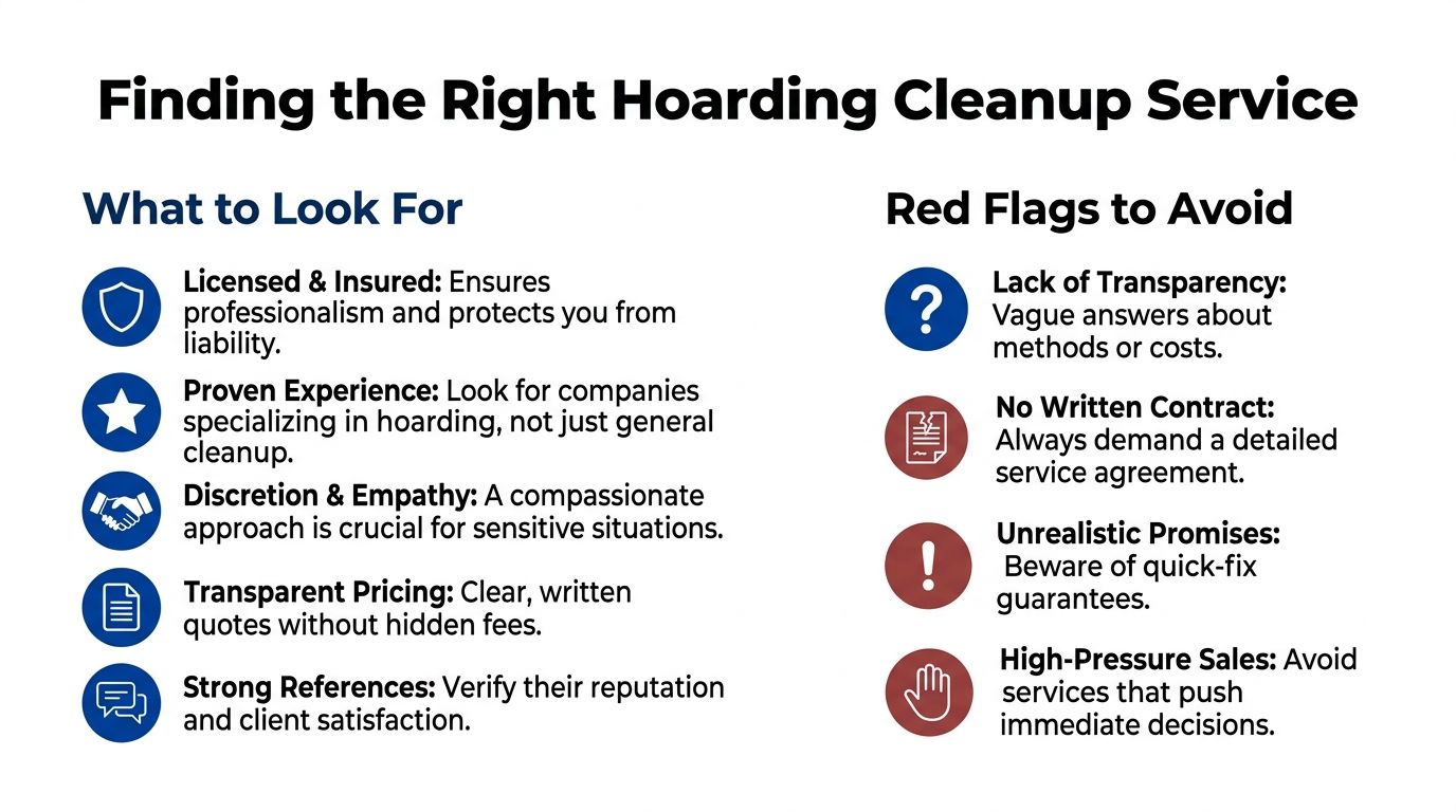 An infographic titled Finding the Right Hoarding Cleanup Service outlining key factors to consider and red flags.