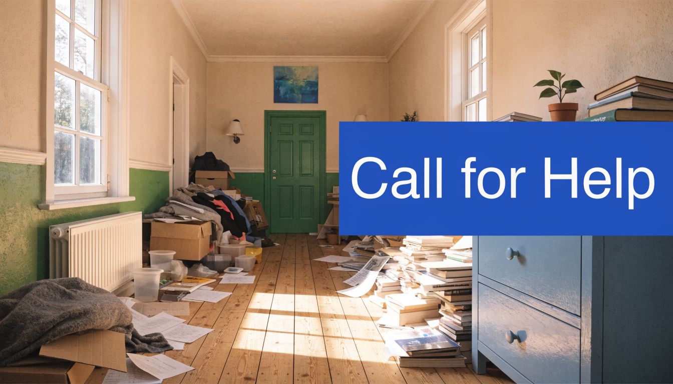 A cluttered room filled with stacks of books, loose papers, and cardboard boxes requiring organization and help.