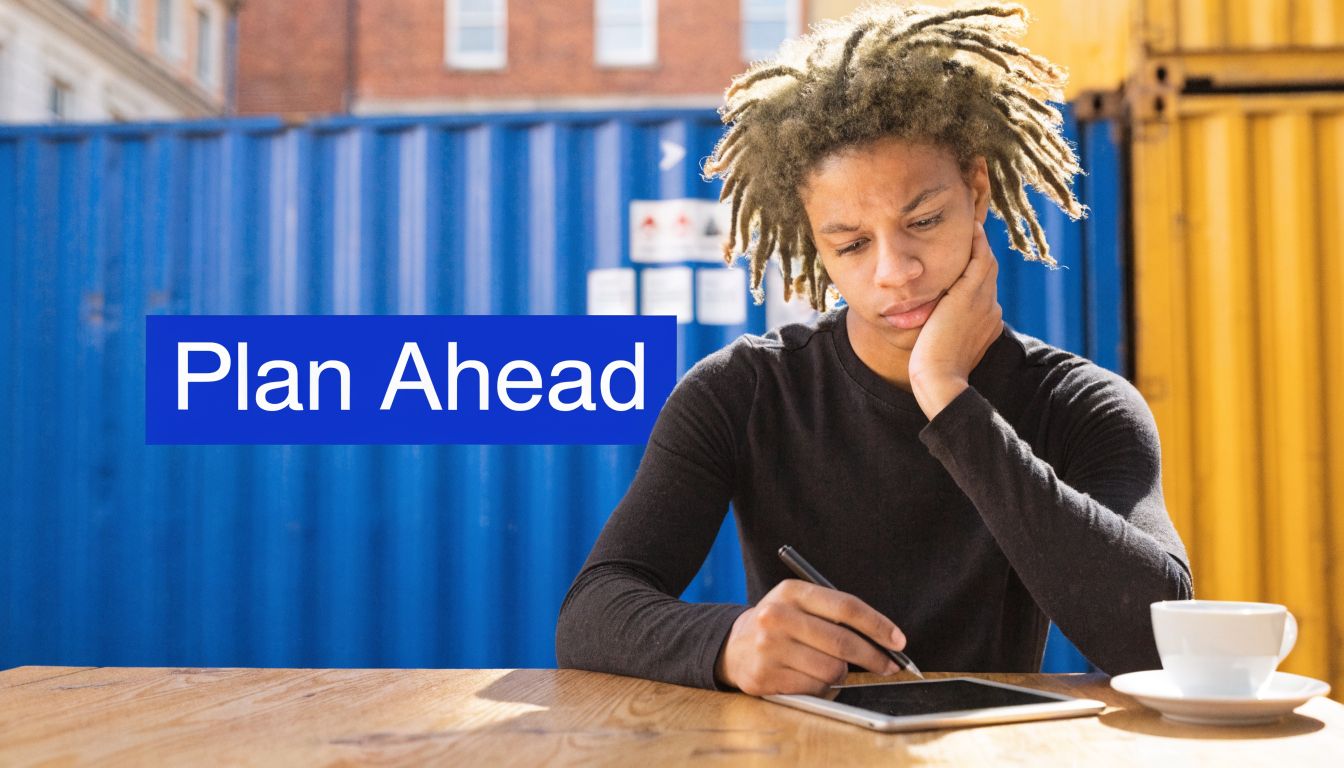 A focused person with dreadlocks writing on a tablet at a table with a coffee cup.
