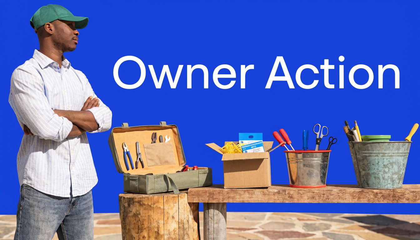 A man in a green cap with crossed arms standing next to tools and building supplies.