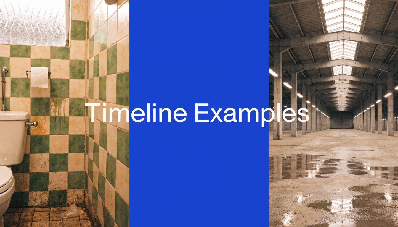 A split image contrasting a moldy tiled bathroom wall and a large, empty, wet industrial warehouse.