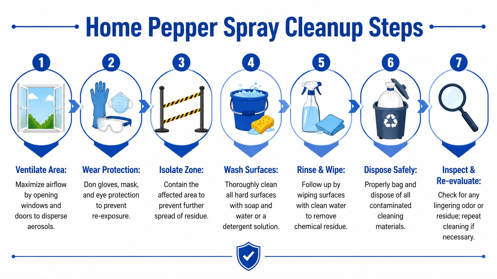 A seven-step infographic guide on how to properly clean and sanitize areas affected by pepper spray.