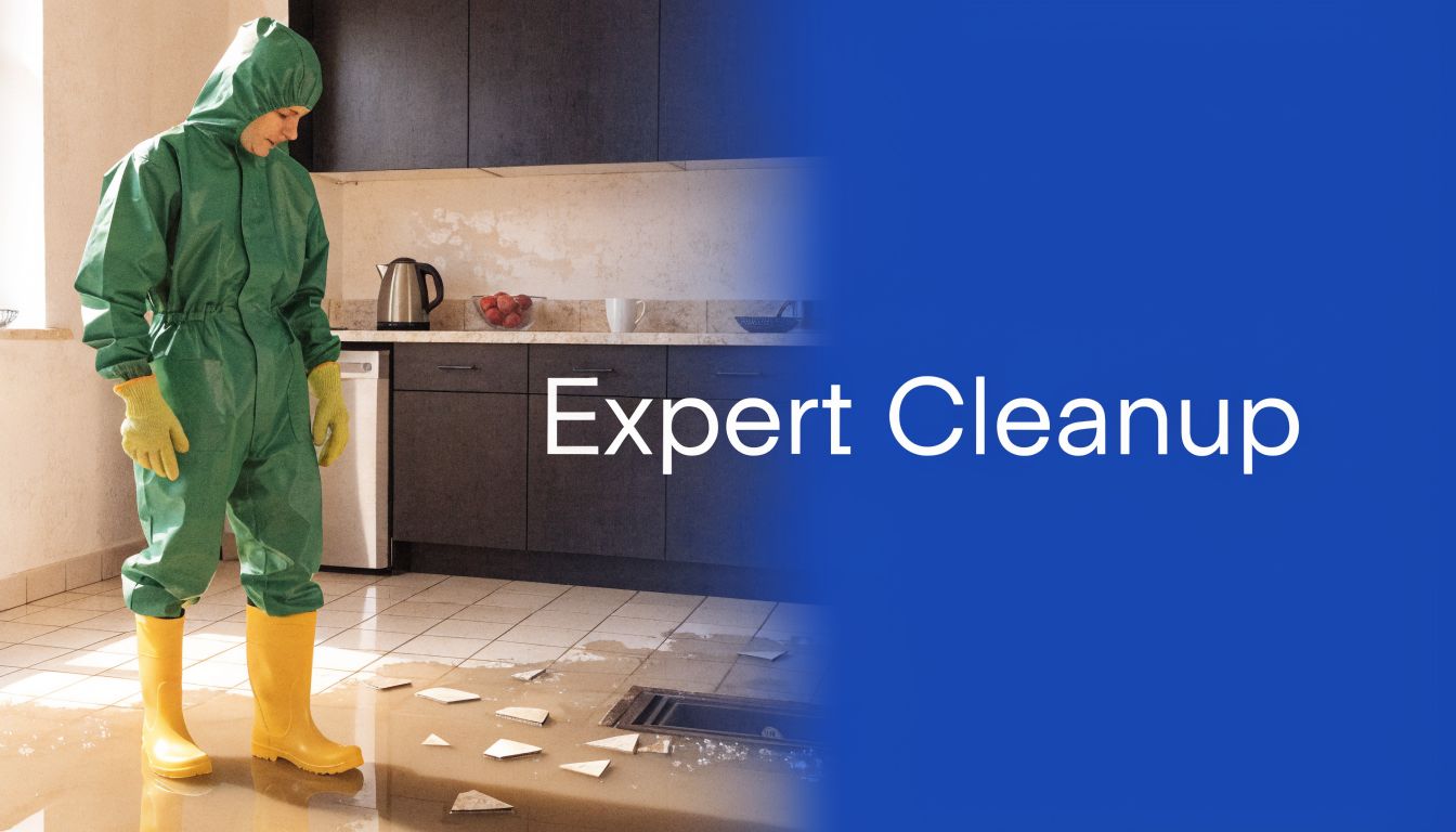 A professional in a green hazmat suit standing in a flooded kitchen for expert cleanup services.