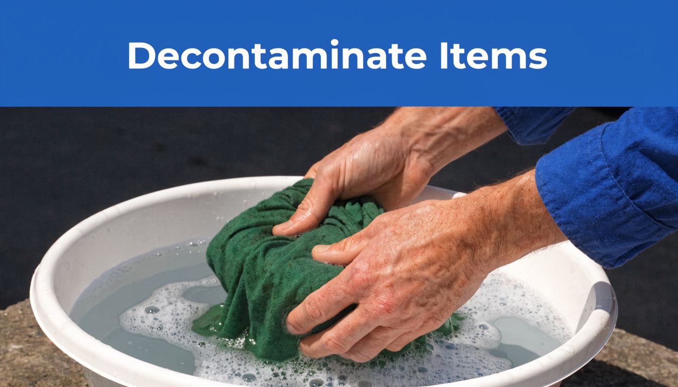 A person washing a green garment in a basin filled with soapy water for decontamination purposes.