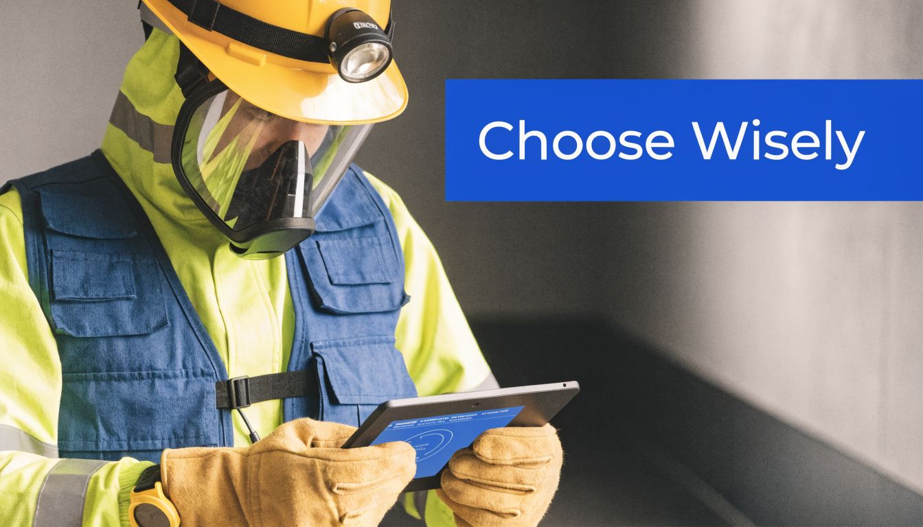 A construction worker wearing full personal protective equipment holding a tablet displaying a technical blueprint design.