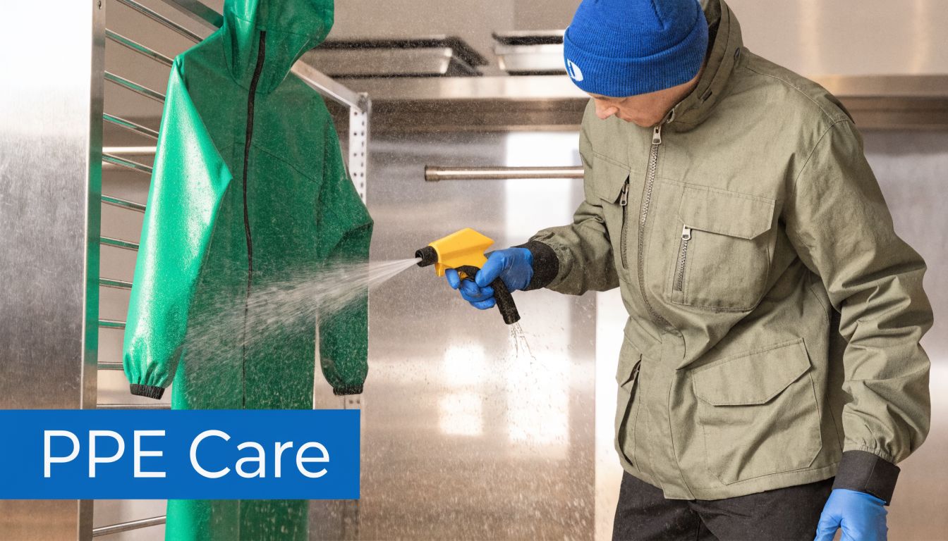 A person in a protective jacket and blue gloves cleaning a green hazmat suit with a sprayer.