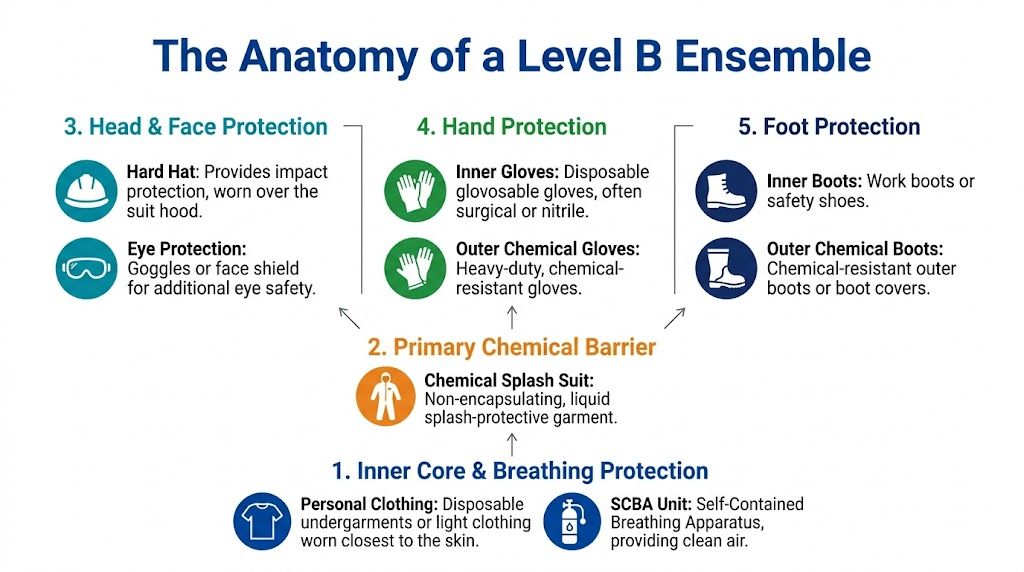 A detailed infographic titled The Anatomy of a Level B Ensemble displaying essential safety gear components.