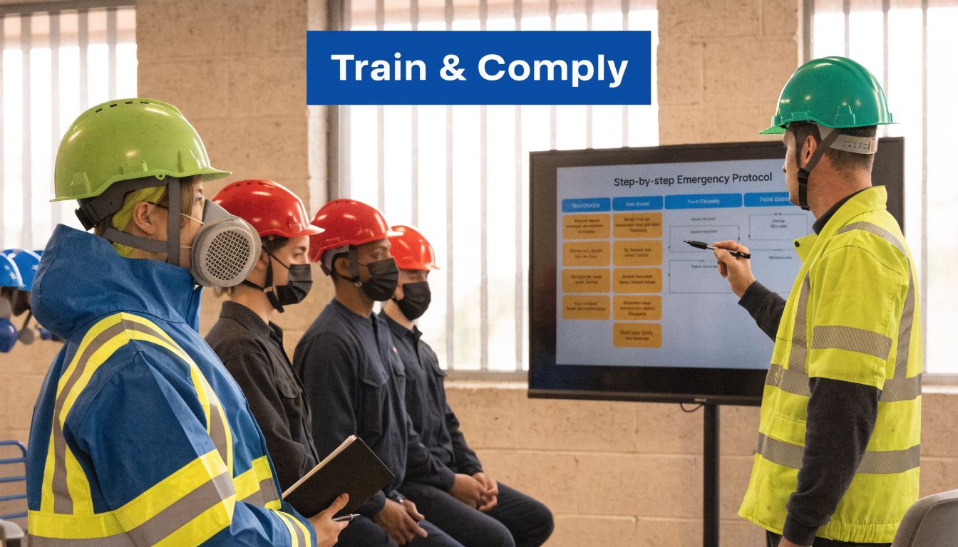 A safety instructor leads a training session for workers wearing level b personal protective equipment and face masks.