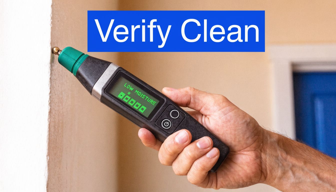 A professional uses a moisture meter to check for water damage on a wall after mold remediation.