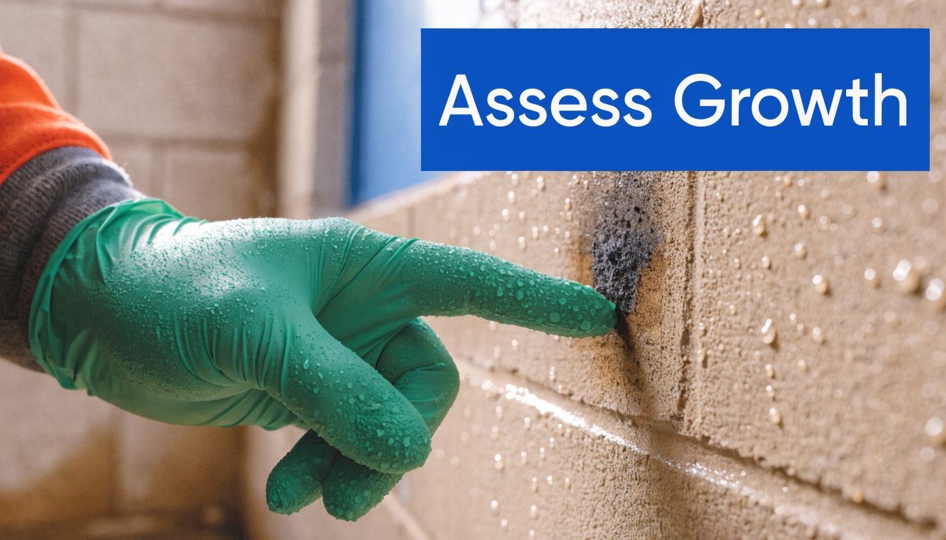 A professional in a green glove pointing at dark mold growth on a damp concrete block wall.