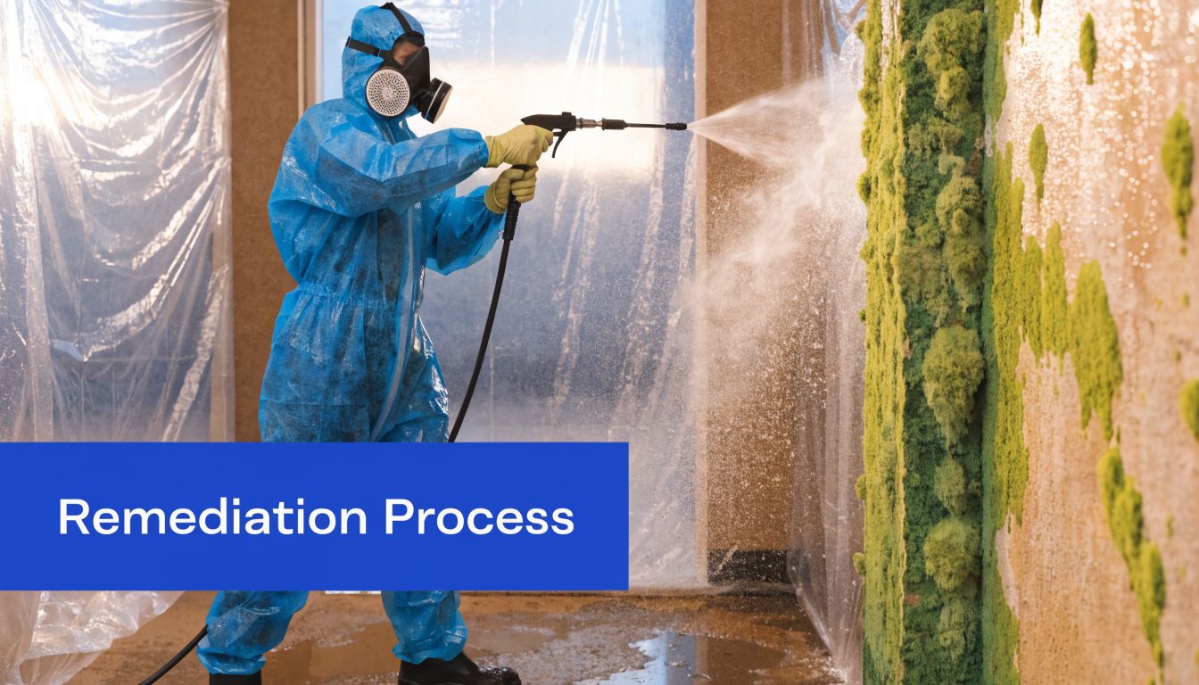 A professional in protective gear using a power washer to clean mold from an indoor wall.
