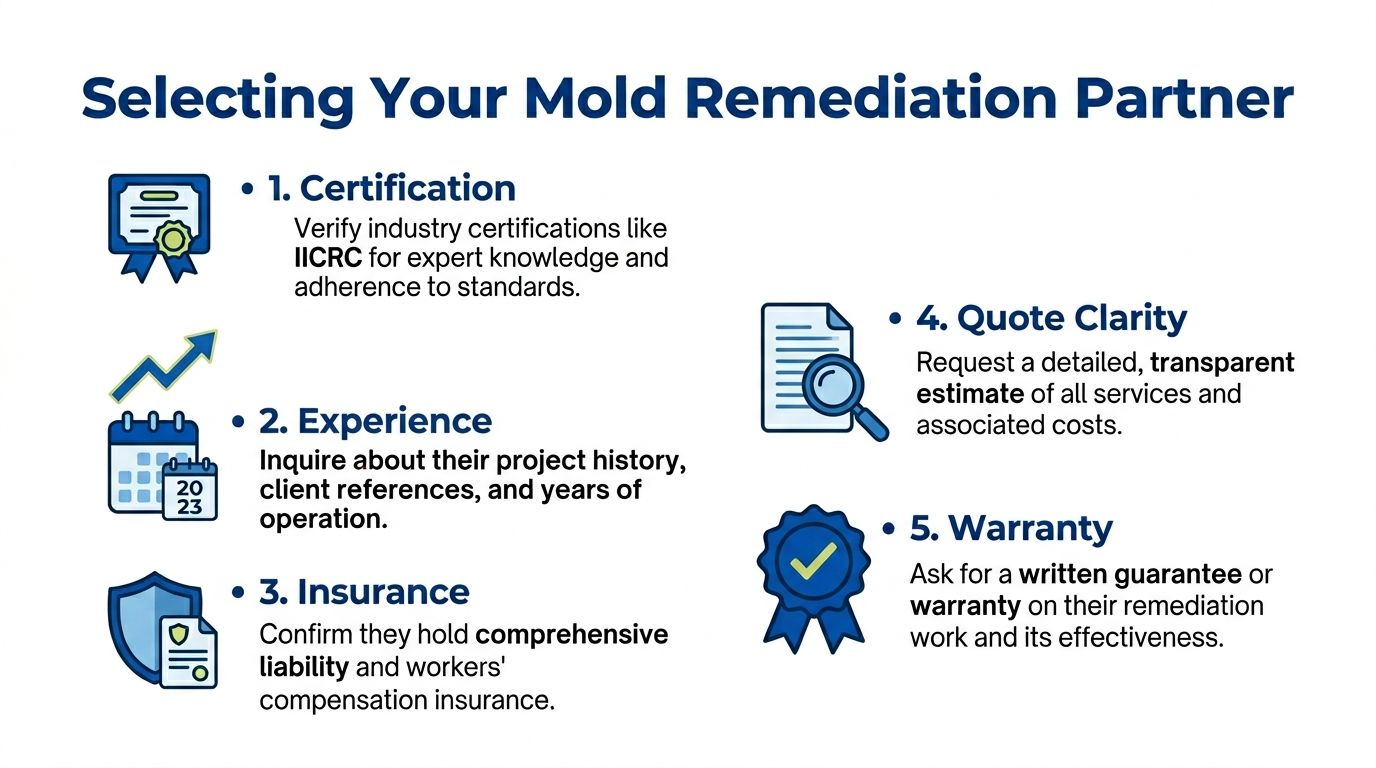 A helpful infographic listing five essential steps for selecting a professional and reliable mold remediation partner.
