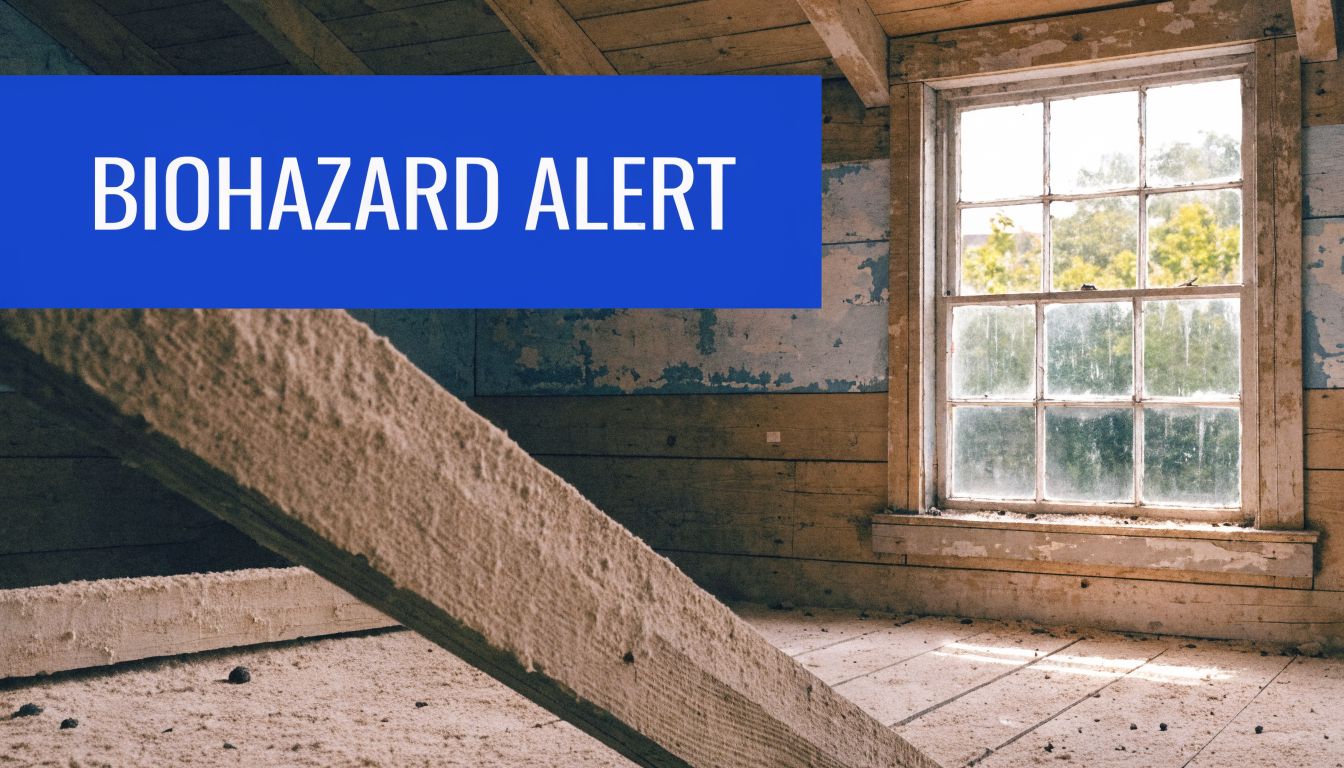 A dusty attic space featuring wooden structural beams and a window, with small dark rodent droppings.