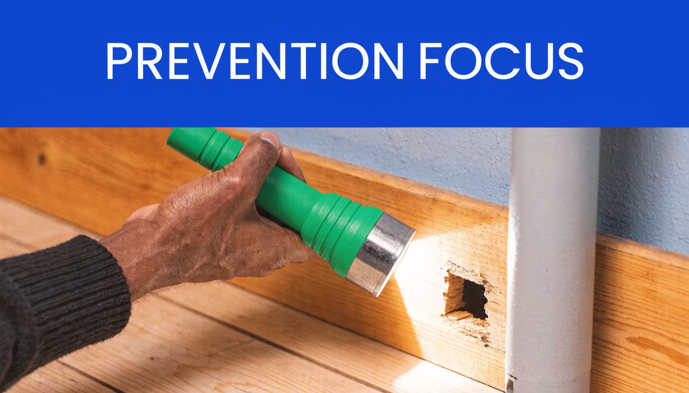 A hand holding a flashlight, inspecting a hole in the wooden baseboard for pest activity.