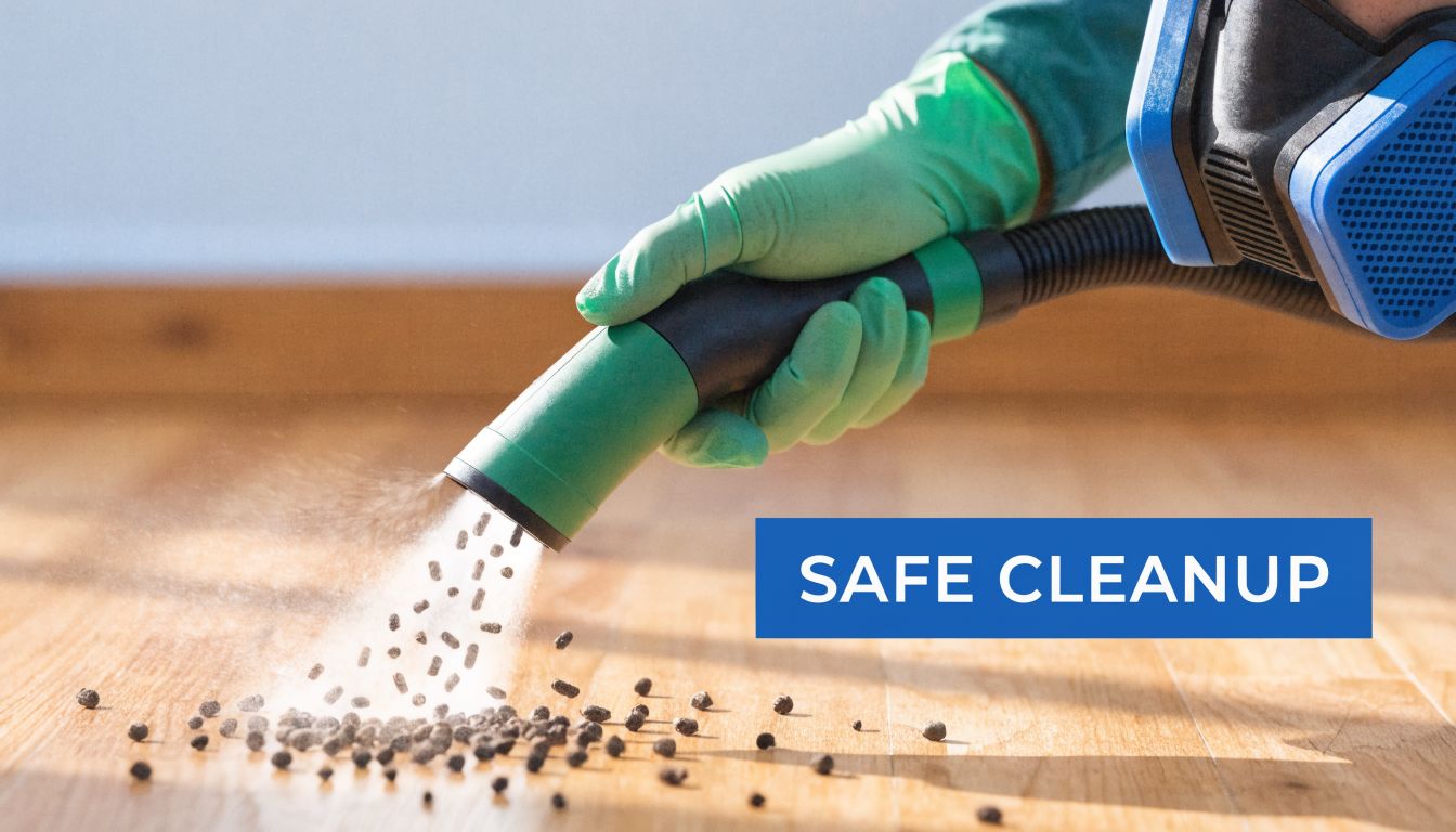 A person wearing protective gloves and a respirator mask using a vacuum to clean rodent droppings.