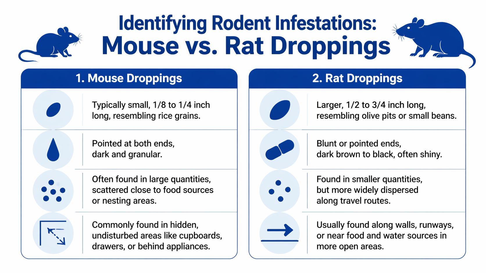 A comparison chart showing the key differences in size, shape, and location between mouse and rat droppings.