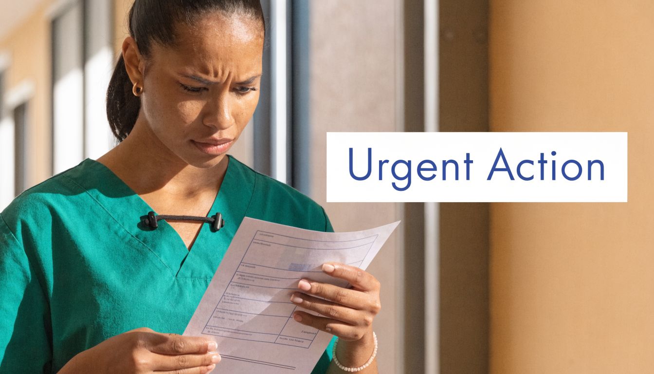 A concerned healthcare worker in green scrubs reading an official document labeled with urgent action text.