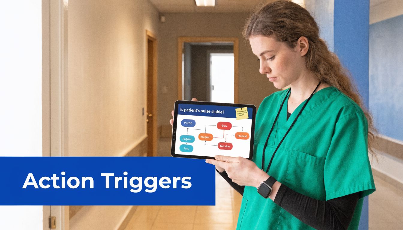 A healthcare professional in a green scrub top holding a tablet displaying a medical pulse flowchart.