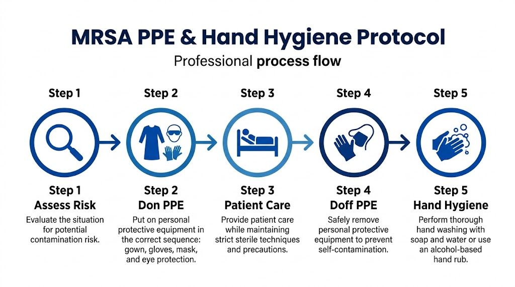 A professional five-step process flow chart detailing MRSA PPE donning, doffing, and hand hygiene procedures.