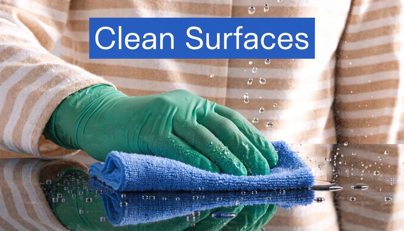 A gloved hand cleaning a shiny surface with a blue microfiber cloth under running water.