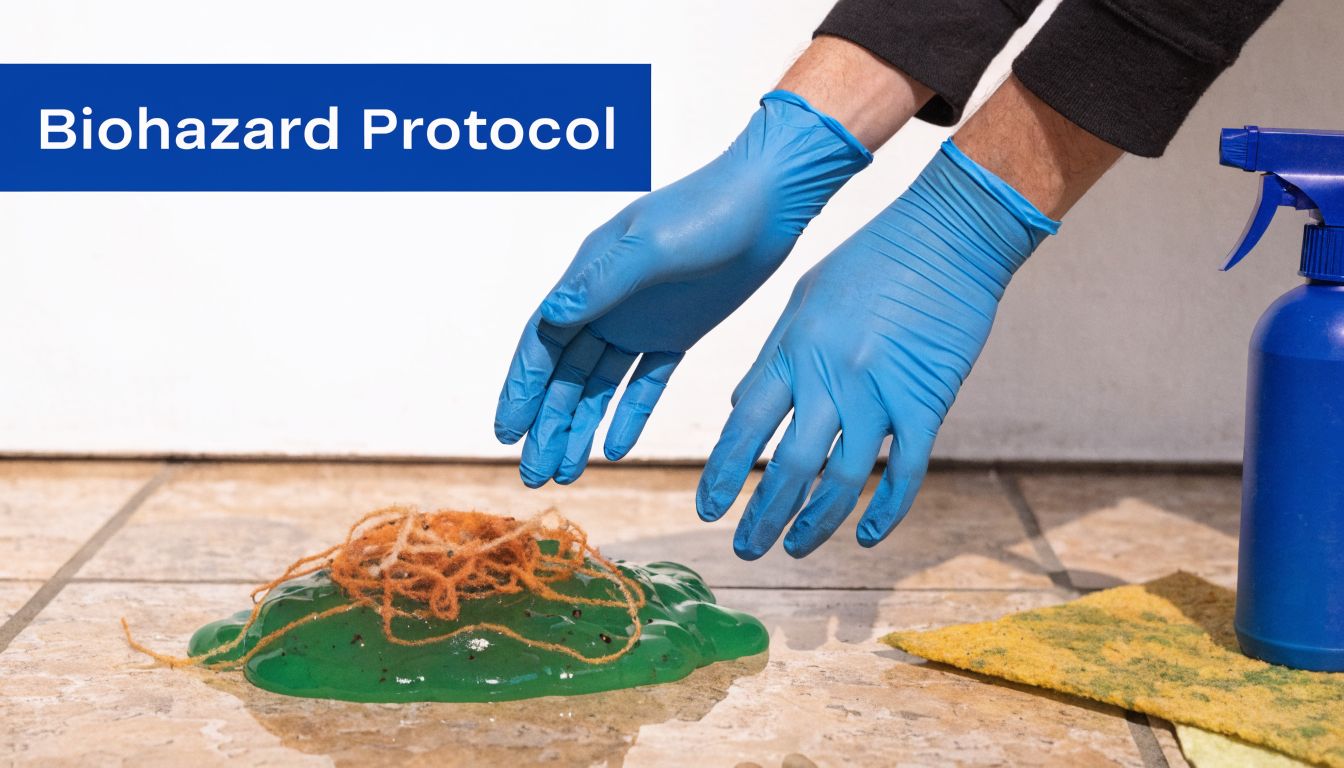 A pair of gloved hands preparing to clean up a mysterious green biological spill on tiles.