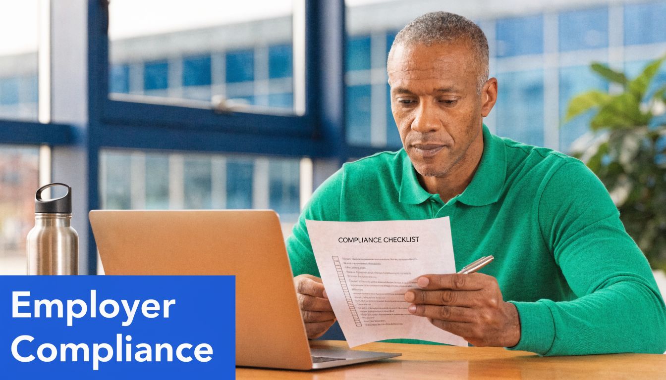 A professional man reviewing a compliance checklist document while working on his laptop at a desk.