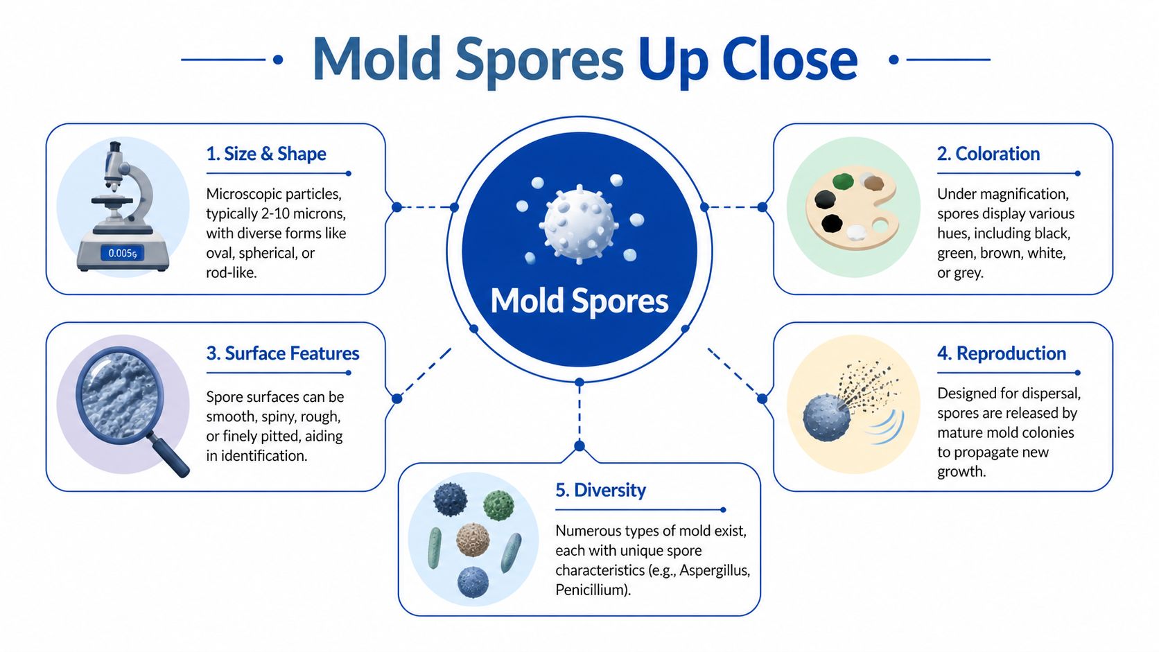 An infographic detailing the biological characteristics, size, color, surface texture, and diversity of microscopic mold spores.