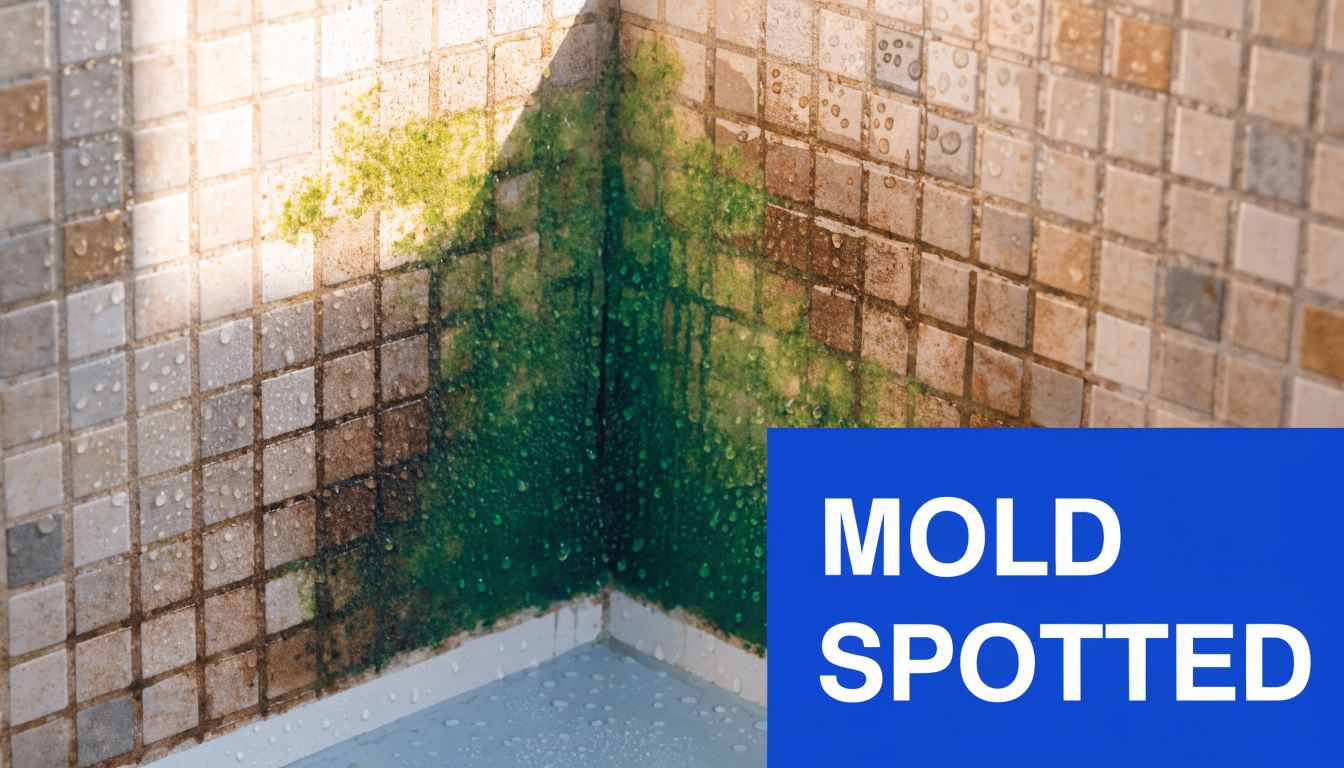 Green mold and moisture growth forming along the corner grout lines of tiled shower walls.