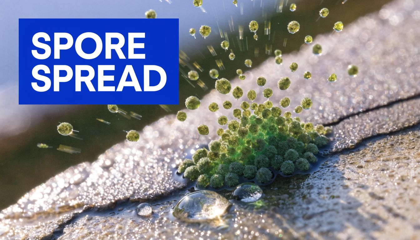 A close-up view of a green mold colony releasing spores into the air on a damp surface.