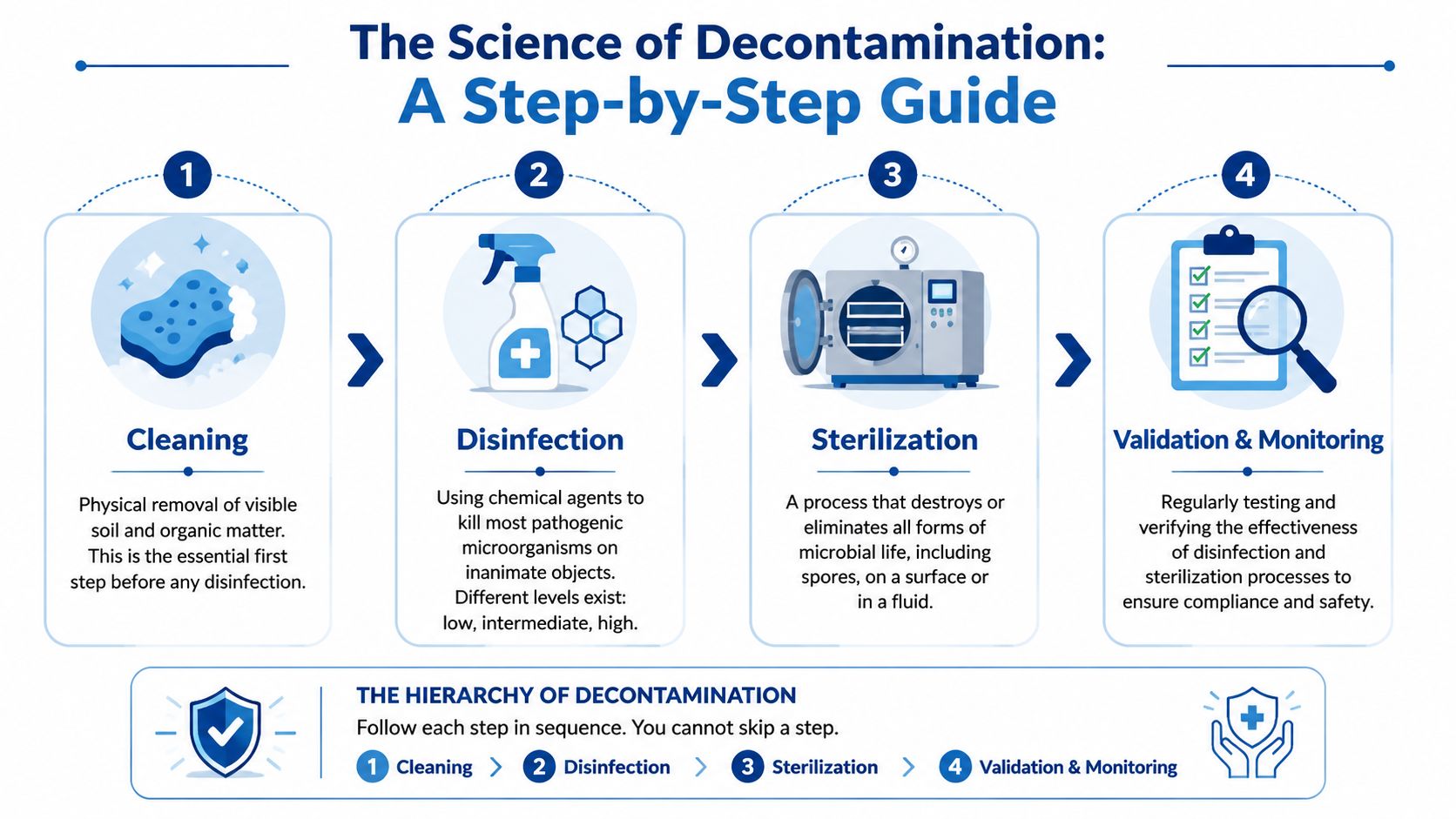 A four-step infographic illustrating the professional decontamination process including cleaning, disinfection, sterilization, and validation and monitoring.