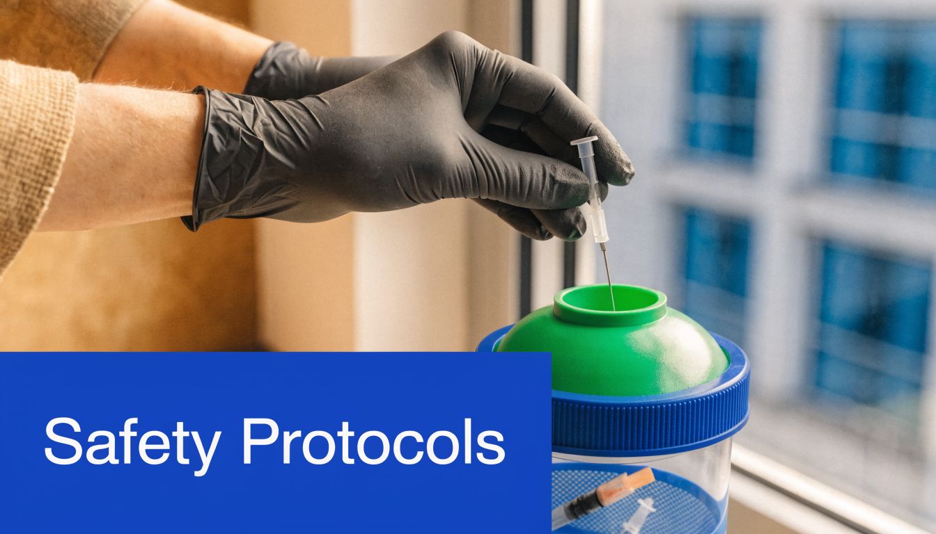 A healthcare worker wearing black gloves safely disposing of a used syringe into a sharp container.