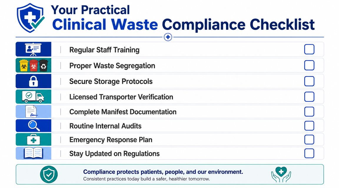 A practical checklist for clinical waste management compliance including training, segregation, storage, transport, documentation, and audits.