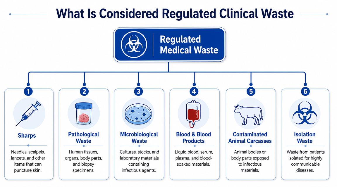 A diagram categorizing six types of regulated clinical waste including sharps, pathological, microbiological, and blood products.