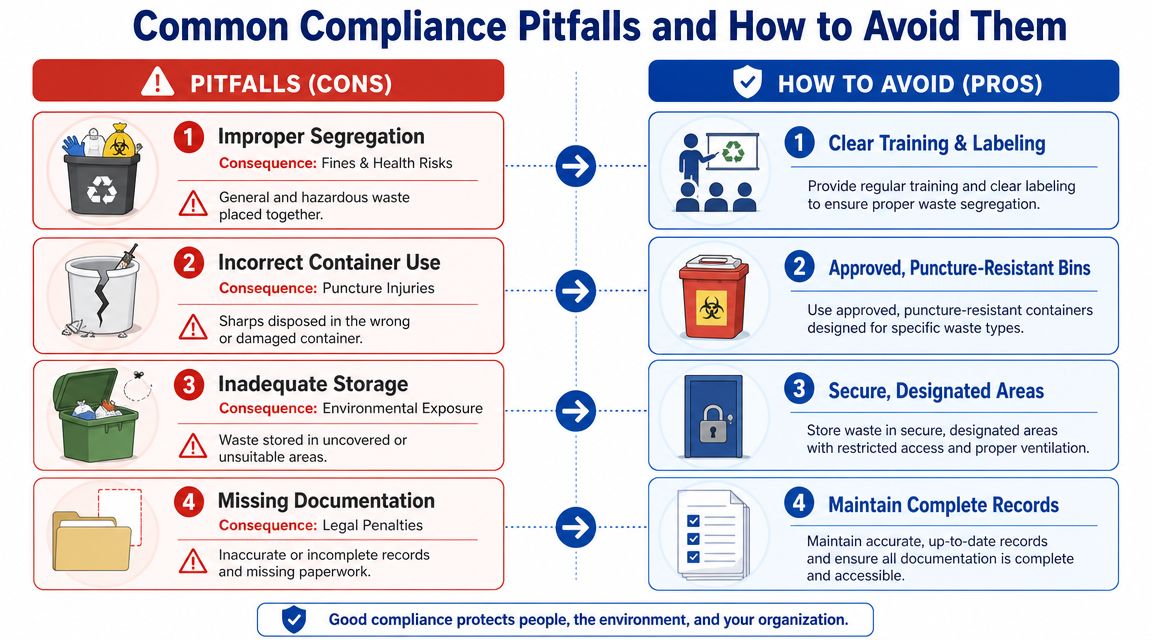 An infographic outlining four common clinical waste disposal compliance pitfalls and their corresponding preventative solutions.