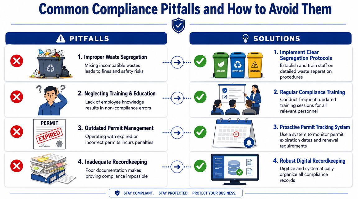 An infographic detailing common compliance pitfalls in business operations alongside practical solutions and preventive measures.