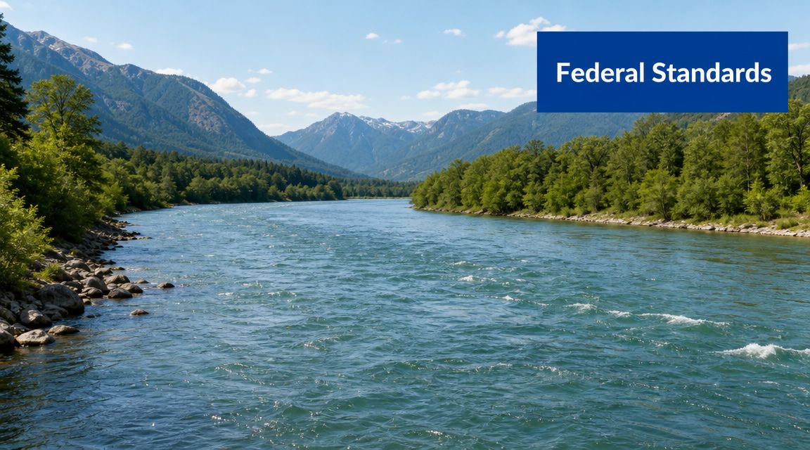 A scenic view of a turquoise mountain river flowing through a lush green valley with distant peaks.