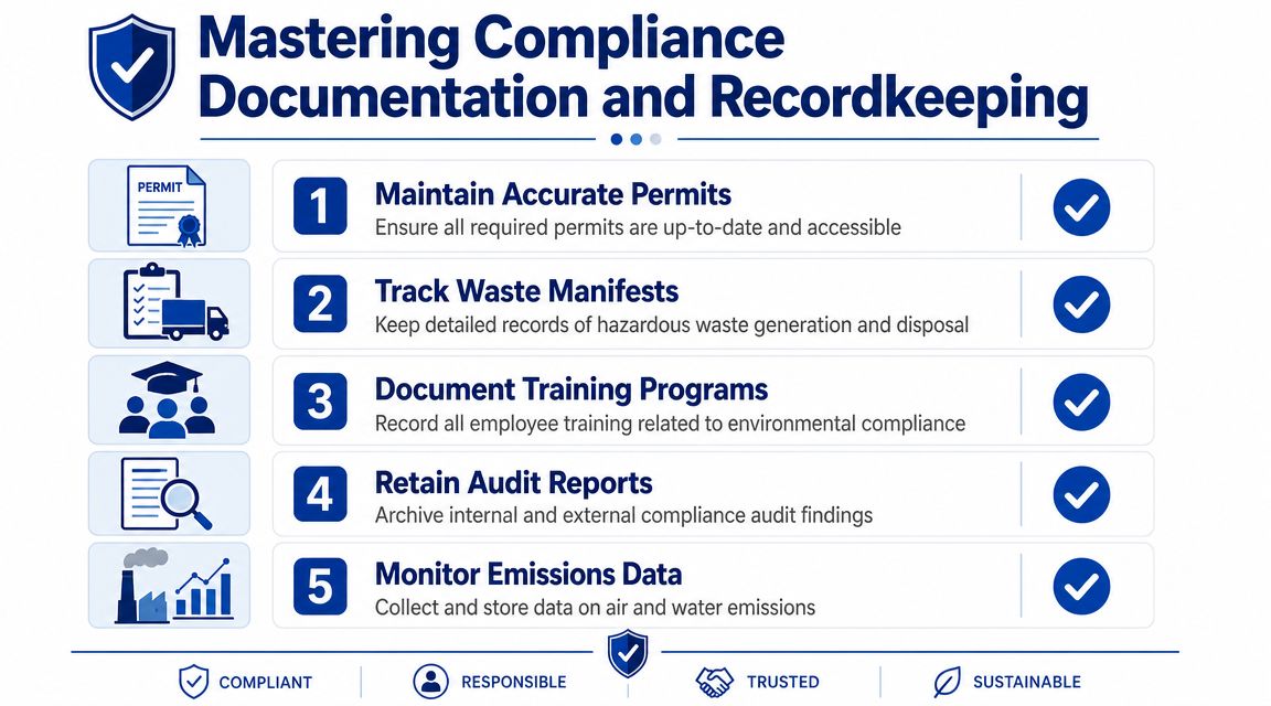 A five-step guide on mastering environmental compliance documentation and recordkeeping for businesses to maintain regulatory standards.