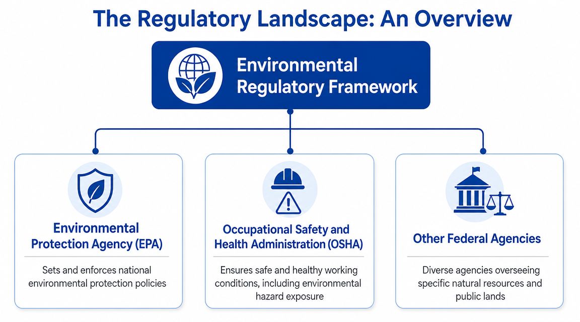 A diagram outlining the environmental regulatory framework, including the EPA, OSHA, and other federal agencies.