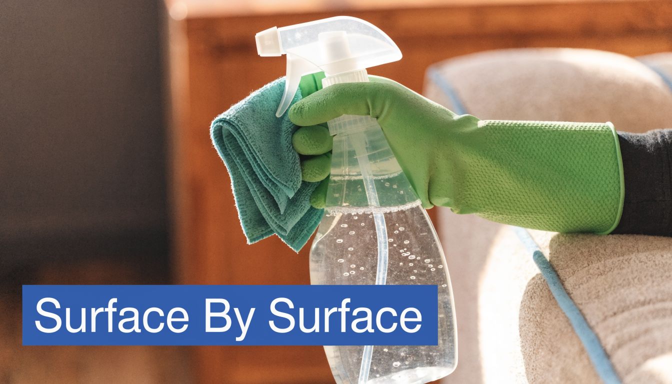 A hand wearing a green rubber glove holds a spray bottle and a cleaning cloth.