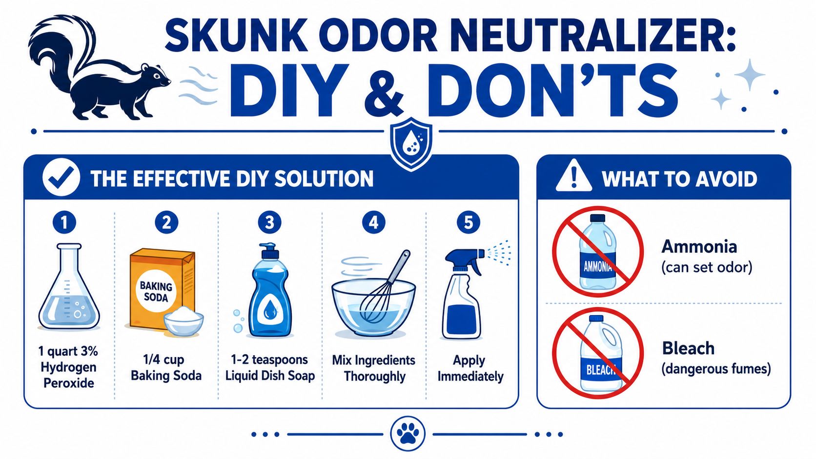 An infographic showing ingredients and instructions for a homemade skunk odor neutralizer and items to avoid.